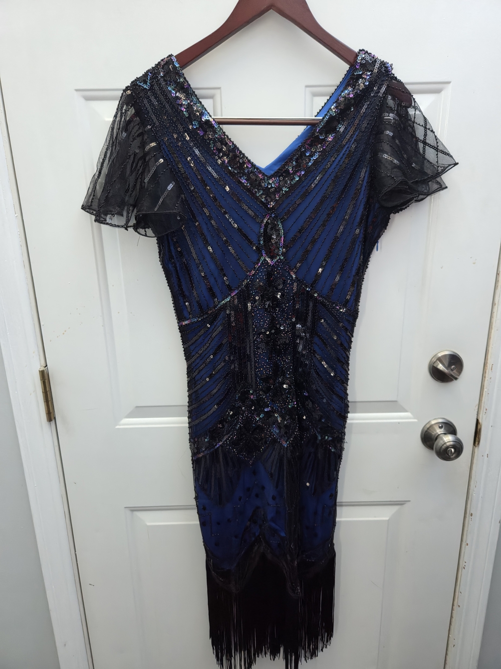 Embellished Navy and Black Midi Dress with Fringe